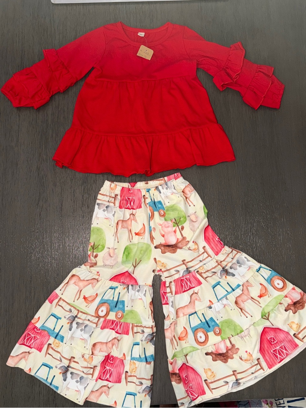 Kids Red Ruffle Top & Farm Print Bell-Bottom Set